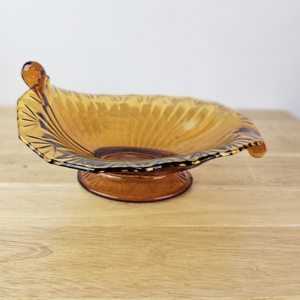 Vintage Mid Century Modern Glass Amber MCM Bon Bon Candy Dish Curvy Flip Decor‎